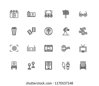 Set Of 20 linear icons such as Seat, Popsicle, Prize, Award, Chair, 3d glasses, Video camera, Film strip, Focus, Negative film, Cinema, editable stroke vector icon pack