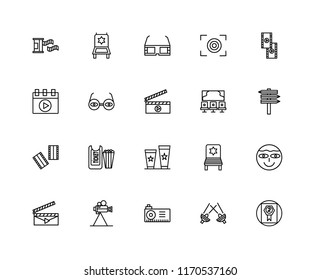 Set Of 20 linear icons such as Award, Spotlight, Projector, Film, Clapperboard, Film roll, Studio, Popcorn, Negative film, 3d glasses, editable stroke vector icon pack