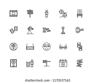 Set Of 20 linear icons such as Ticket, Video player, , Prize, Chair, Star, Lens, Award, Film, Popcorn, editable stroke vector icon pack