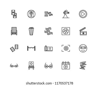Set Of 20 linear icons such as Ticket, Video player, 3d glasses, Chair, Film roll, Projector, Negative film, Popcorn, editable stroke vector icon pack