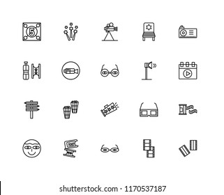 Set Of 20 linear icons such as Negative film, Film reel, 3d glasses, Ticket, Lens, Projector, Speaker, Megaphone, , Video camera, Film, editable stroke vector icon pack