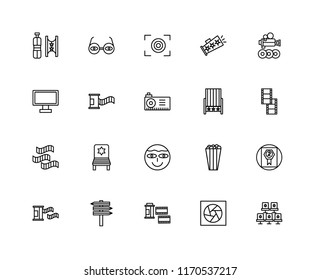 Set Of 20 linear icons such as Seat, Film roll, , Video player, Lens, Focus, editable stroke vector icon pack