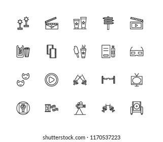 Set Of 20 linear icons such as Armchair, Spotlight, Video camera, Film roll, Award, Movie, Water, Theater, Popcorn, editable stroke vector icon pack