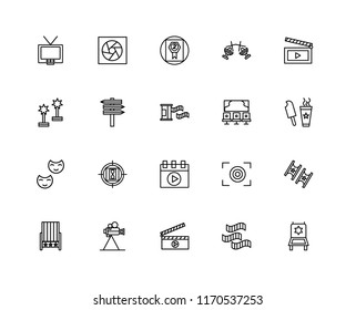 Set Of 20 linear icons such as Director chair, Film roll, Clapperboard, Video camera, Seat, Movie, Studio, player, Theater, , Award, editable stroke vector icon pack