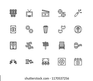 Set Of 20 linear icons such as Video player, Film roll, Cinema, Spotlight, Fireworks, Theater, , Prize, Settings, Movie, editable stroke vector icon pack