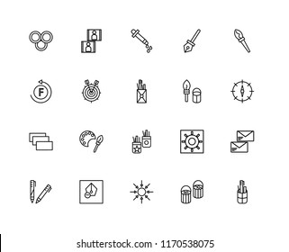 Set Of 20 linear icons such as Pencil case, Paint bucket, Compact disc, Pen, Pencil, brush, Layer, Target, Eyedropper, editable stroke vector icon pack