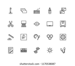 Set Of 20 linear icons such as Paint brush, Compact disc, 3d, Wireframe, Text, Email, Monitor, Colours, square, Laptop, Keyboard, editable stroke vector icon pack