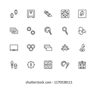 Set Of 20 linear icons such as Packaging, Colours, Cmyk, Compass, Paint brush, Pen, Loupe, Layer, Monitor, Settings, Cutter, editable stroke vector icon pack