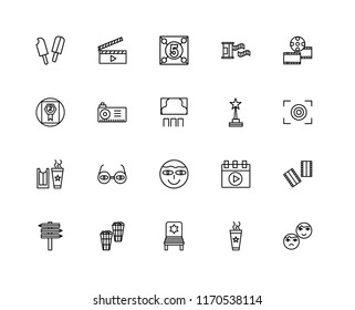 Set Of 20 linear icons such as Theatre, Popcorn, Chair, , Film strip, Star, Lens, Ticket, Projector, Countdown, editable stroke vector icon pack