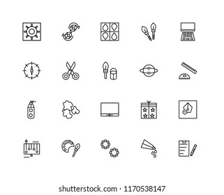 Set Of 20 linear icons such as Clipboard, Paint tube, Settings, Colours, Gradient, Laptop, Idea, Monitor, Scissors, Cmyk, editable stroke vector icon pack