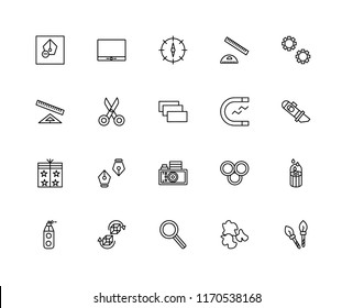 Set Of 20 linear icons such as Paint brush, Splash, Compass, 3d, tube, Settings, Magnet, Gallery, Packaging, Scissors, editable stroke vector icon pack