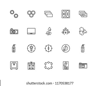 Set Of 20 linear icons such as Photo camera, Eraser, Crop, Packaging, 3d printer, Image, Magic wand, Compass, Paint spray, Monitor, Layer, editable stroke vector icon pack