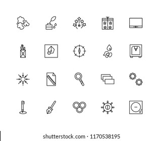 Set Of 20 linear icons such as Circle, Brightness, Rgb, Pen, Pencil, Monitor, Paint drop, Loupe, Compact disc, Magic wand, editable stroke vector icon pack