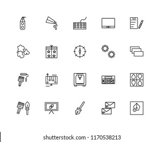 Set Of 20 linear icons such as Pen, Email, Canvas, Paint brushes, Clipboard, Settings, Printer, roller, Packaging, Keyboard, editable stroke vector icon pack