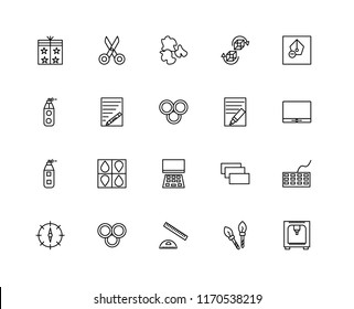 Set Of 20 linear icons such as Printer, Paint brush, square, Rgb, Compass, Pen, Highlighter, Laptop, Airbrush, Text, Splash, editable stroke vector icon pack