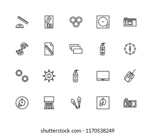 Set Of 20 linear icons such as Photo camera, Pen, Paint brush, Laptop, spray, tube, Settings, File, Rgb, editable stroke vector icon pack