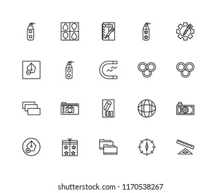 Set Of 20 linear icons such as Ruler, Compass, Folder, Packaging, Pen, Resources, Rgb, Eraser, Layer, Paint tube, Sketching, editable stroke vector icon pack