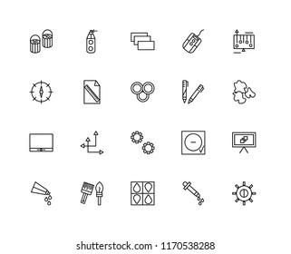 Set Of 20 linear icons such as Brightness, Eyedropper, Cmyk, Paint brushes, tube, Gradient, Pencil, Settings, Monitor, File, Layer, editable stroke vector icon pack