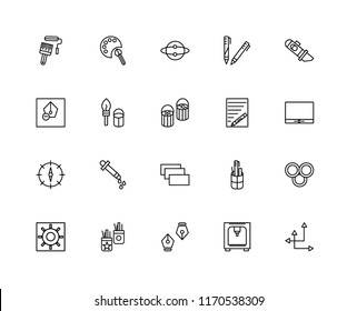 Set Of 20 linear icons such as Crop, Printer, Pen, Pencil case, Brightness, Cutter, Text, Layer, Compass, Paint brush, Idea, editable stroke vector icon pack