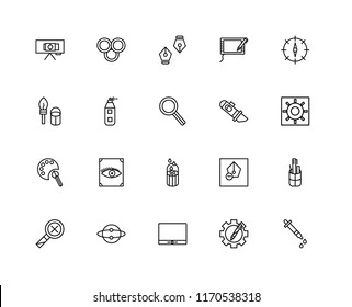 Set Of 20 linear icons such as Dropper, Resources, Monitor, Idea, Zoom out, Compass, Cutter, Blur, Paint palette, Airbrush, Pen, editable stroke vector icon pack