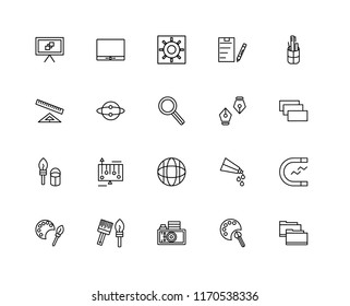Set Of 20 linear icons such as Folder, Paint palette, Gallery, brushes, Colours, Pencil case, Pen, Website, brush, Idea, Brightness, editable stroke vector icon pack