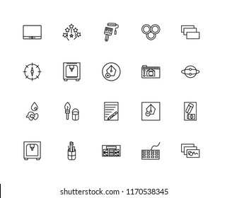Set Of 20 linear icons such as Image, Keyboard, Wireframe, Pencil case, 3d printer, Layer, Photo camera, Text, Paint drop, Printer, roller, editable stroke vector icon pack