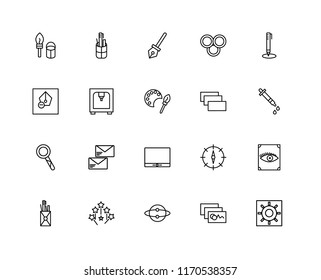 Set Of 20 linear icons such as Brightness, Image, Idea, Magic wand, Pencil case, Pencil, Layer, Monitor, Loupe, 3d printer, Pen, editable stroke vector icon pack