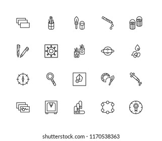 Set Of 20 linear icons such as Quality, Crop, 3d printer, Image, Paint bucket, Idea, Pen, Compass, Brightness, brush, editable stroke vector icon pack