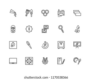 Set Of 20 linear icons such as Colours, Clipboard, Target, Brightness, Monitor, Layer, Loupe, Font, Pen, Compass, Rgb, editable stroke vector icon pack