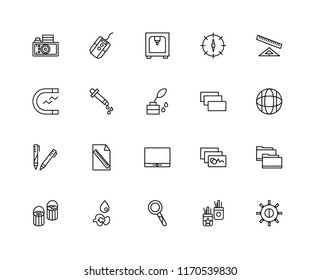 Set Of 20 linear icons such as Brightness, Pencil case, Loupe, Paint drop, bucket, Ruler, Layer, Monitor, Pencil, Eyedropper, 3d printer, editable stroke vector icon pack