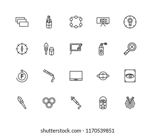 Set Of 20 linear icons such as Target, Paint bucket, Dropper, Rgb, brush, Quality, Spray paint, Monitor, Font, Crop, editable stroke vector icon pack