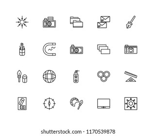 Set Of 20 linear icons such as Brightness, Monitor, Colours, Compass, Eraser, Pen, Layer, Paint spray, brush, Magnet, Folder, editable stroke vector icon pack