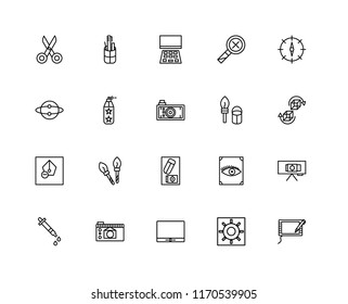 Set Of 20 linear icons such as Graphic tablet, Brightness, Monitor, Photo camera, Dropper, Compass, Paint brush, Eraser, Pen, spray, Laptop, editable stroke vector icon pack