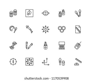 Set Of 20 linear icons such as square, Paint brush, Crop, Brightness, Compass, Rgb, Pencil case, 3d, Eyedropper, Idea, editable stroke vector icon pack