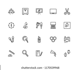 Set Of 20 linear icons such as Pen, Paint tube, Clipboard, Compass, square, Scissors, Laptop, Blur, brush, drop, Canvas, editable stroke vector icon pack