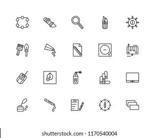 Set Of 20 linear icons such as Layer, Compass, Clipboard, Crayon, Ink, Brightness, Circle, Spray paint, Mouse, Paint tube, editable stroke vector icon pack