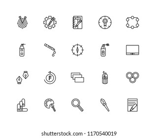 Set Of 20 linear icons such as Highlighter, Paint brush, Compass, palette, Pantone, Crop, Spray paint, Layer, Pen, Crayon, Sketching, editable stroke vector icon pack