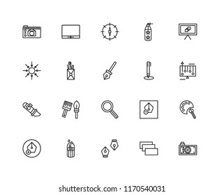 Set Of 20 linear icons such as Photo camera, Layer, Pen, Blur, Canvas, Pencil, Compass, Cutter, Pencil case, editable stroke vector icon pack