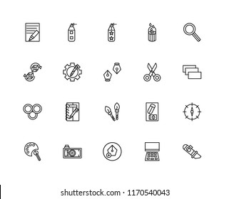 Set Of 20 linear icons such as Cutter, Laptop, Pen, Photo camera, Paint palette, Compass, Scissors, brush, Rgb, Resources, spray, editable stroke vector icon pack