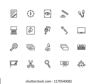 Set Of 20 linear icons such as Magic wand, Canvas, Loupe, Scissors, Graphic tablet, Paint brush, Dropper, drop, Zoom out, Pen, View, editable stroke vector icon pack