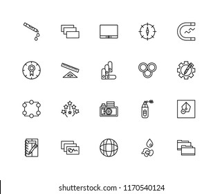 Set Of 20 linear icons such as Folder, Paint drop, Website, Image, Sketching, Magnet, Rgb, Gallery, Crop, Ruler, Monitor, editable stroke vector icon pack