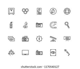 Set Of 20 linear icons such as Dropper, View, Photo camera, Monitor, Magic wand, Website, Magnet, Compass, Image, Paint drop, Eraser, editable stroke vector icon pack