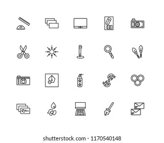 Set Of 20 linear icons such as Email, Pen, Laptop, Paint drop, Image, Photo camera, Loupe, spray, Compact disc, Monitor, editable stroke vector icon pack
