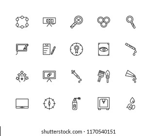 Set Of 20 linear icons such as Paint drop, 3d printer, Spray paint, Compass, Monitor, Loupe, View, Dropper, Magic wand, Clipboard, Zoom out, editable stroke vector icon pack