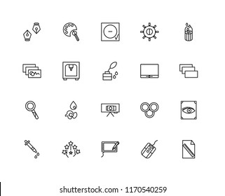 Set Of 20 linear icons such as File, Mouse, Graphic tablet, Magic wand, Dropper, Blur, Monitor, Canvas, Loupe, 3d printer, Circle, editable stroke vector icon pack