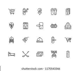 Set Of 20 linear icons such as Door hanger, Taxi, Cit card, Golf, Bed, key, Bar, Reception, Bellboy, Washing machine, editable stroke vector icon pack