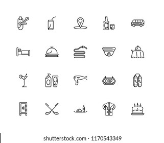 Set Of 20 linear icons such as Cake, Restaurant, Room service, Golf, Safebox, Bus, Cctv, Hairdryer, Cocktail, Reception, Location, editable stroke vector icon pack