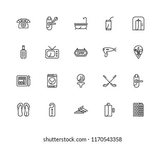 Set Of 20 linear icons such as Hotel, Lift, Hanger, Door hanger, Flip flops, Hairdryer, Golf, Minibar, Television, Bath, editable stroke vector icon pack
