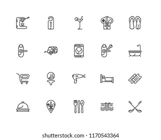 Set Of 20 linear icons such as Golf, Swimming pool, Cutlery, Restaurant, Reception, Flip flops, Room key, Hairdryer, Trolley, Caravan, Cocktail, editable stroke vector icon pack