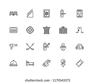 Set Of 20 linear icons such as Ticket, Golf, Bed, Reception, Washing machine, Hotel, Room key, Hairdryer, Lifesaver, Safebox, editable stroke vector icon pack